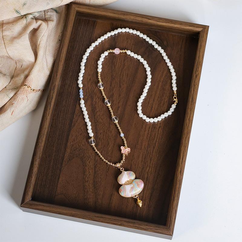 GEMCHIC Women s Handmade New Chinese Style Gourd Pendant Necklace, Imitation Song Brocade Pearl Chain Sweater Chain for Hanfu