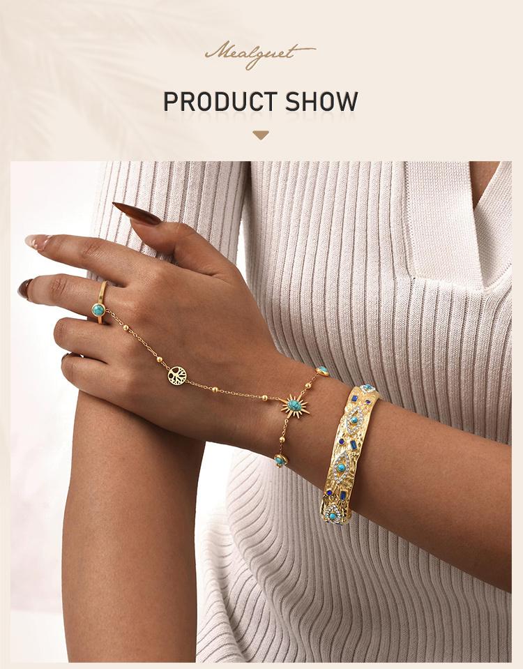 Natural Stone Turquoises Bracelets For Women, Stainless Steel Link Hand Chain Wristband,18k Gold Plated Bracelet Set Jewelry