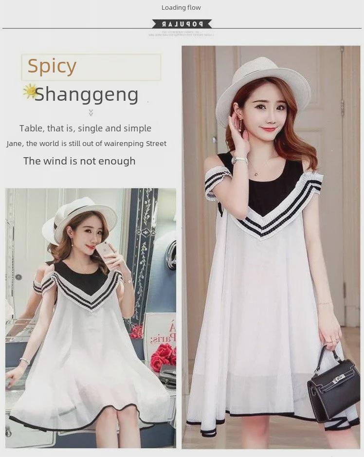 New Arrival: Large Size Off-Shoulder Chiffon Dress for Pregnant Women - Korean Style, Mid-Length, Short-Sleeved, Perfect for Spring & Summer