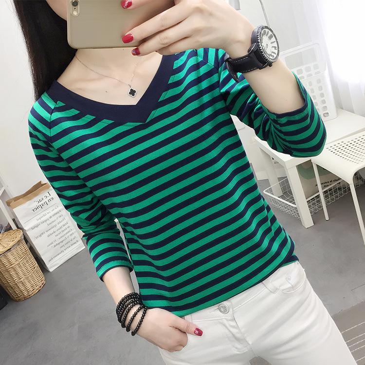 Autumn 2023 Loose V-Neck Long-Sleeve Cotton T-Shirt for Women - Plus Size