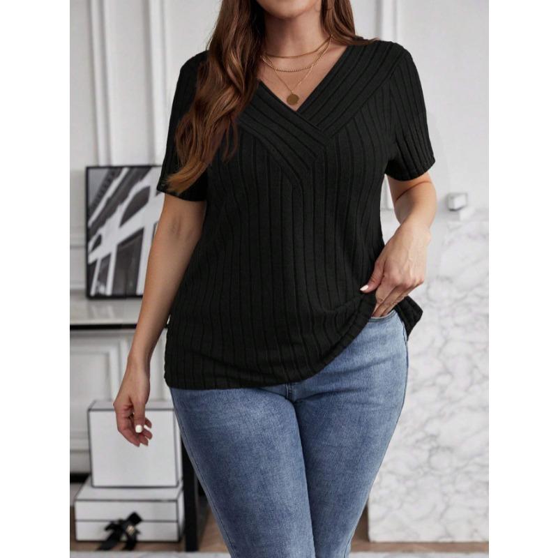 Summer Cross V-Neck Plus Size Short Sleeve Women Blouse Pit Strip Solid Color Top Fashion Loose Casual Elegant Simple T-shits Female Office Tee Shirts