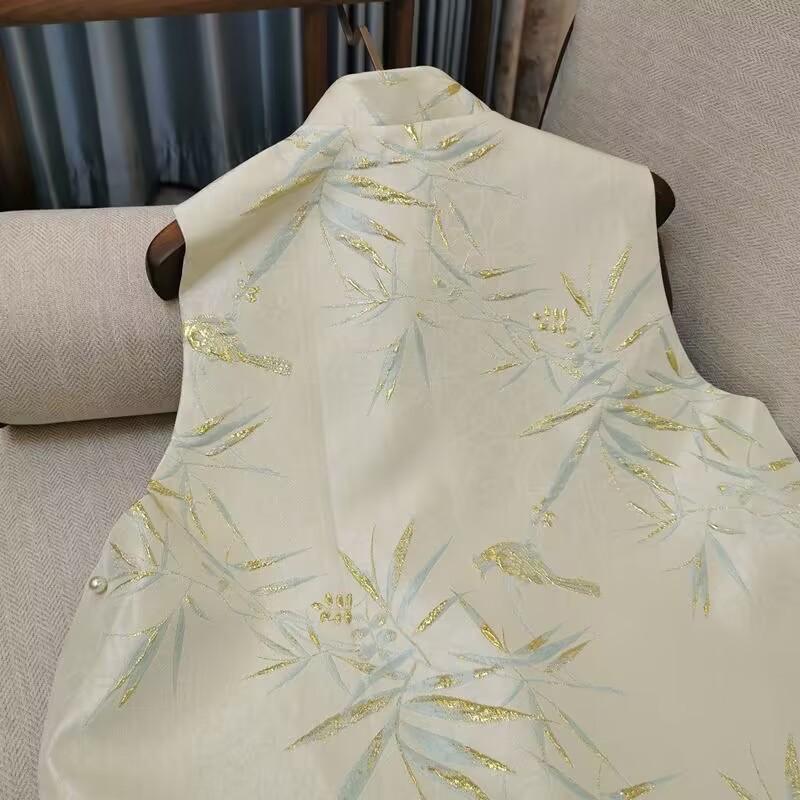 Jacquard Bamboo Leaf Vest Plus Qipao Lady Elegant Chinese Style Clothes Mandarin Collar Sleeveless Coat