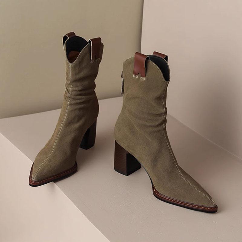 Fashion Autumn New Pleated Stacked Ankle Boots Pointed Toe Thick High Heels Suede V-Mouth Fashion Women's Shoe Solid Chelsea Short Botas
