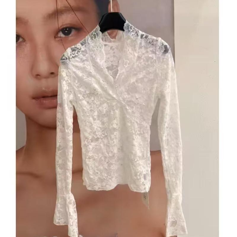 Frühling Sexy V-Ausschnitt Slim Fit Spitzenhemden Tops für Frauen Mode Elegante Basis Elegante Blusen Frauen Vintage Langarm Solide Büro Damen Bluse 26131