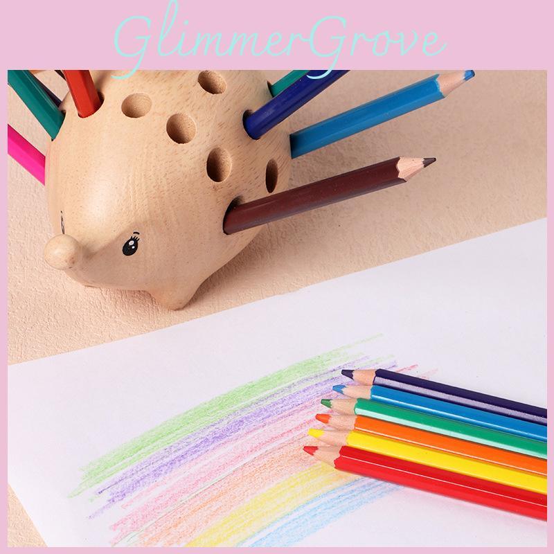 Wooden Hedgehog Pen Holder With 24 Colored Pencils For Desk Decor And Storage
