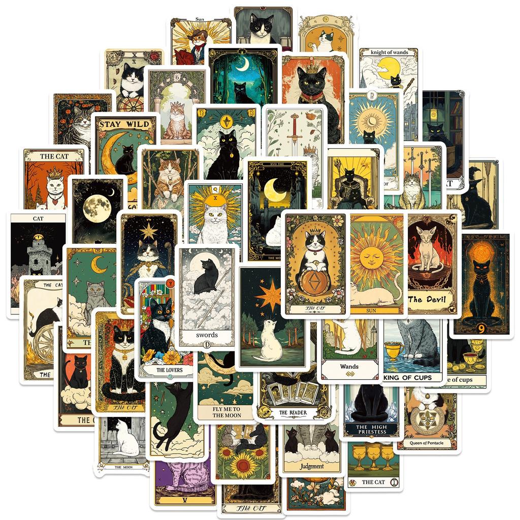 50 New Tarot Card Graffiti Cat Series Various Retro Style Decorative Waterproof Stickers