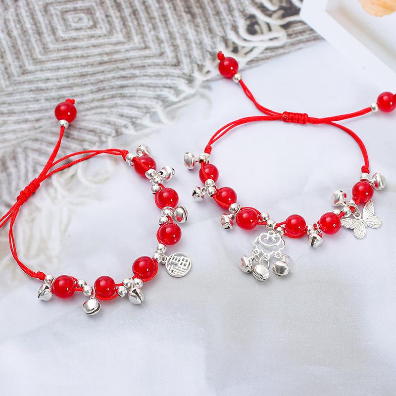 Step By Step, Ethnic Wind Blessing Brand Bell Bracelet Imitation Garnet Bracelet, Miao Jiang Girl Woven Red Rope Hand Rope