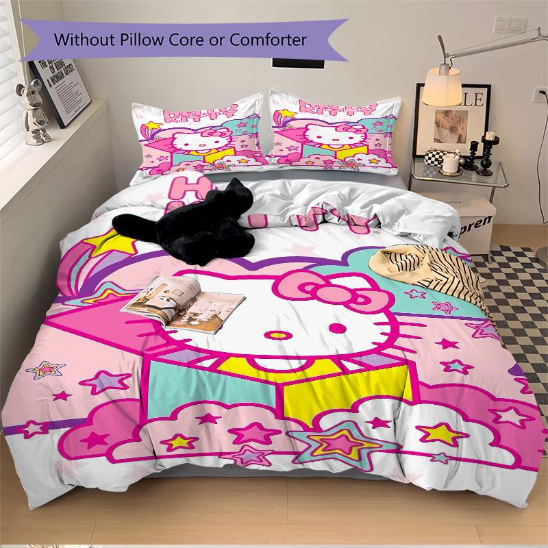 3pcs Hello Kitty with Stars and Clouds Print Bedding Set (1 Cover + 2 Pillowcases, Without Inserts),  Soft and Comfortable S041