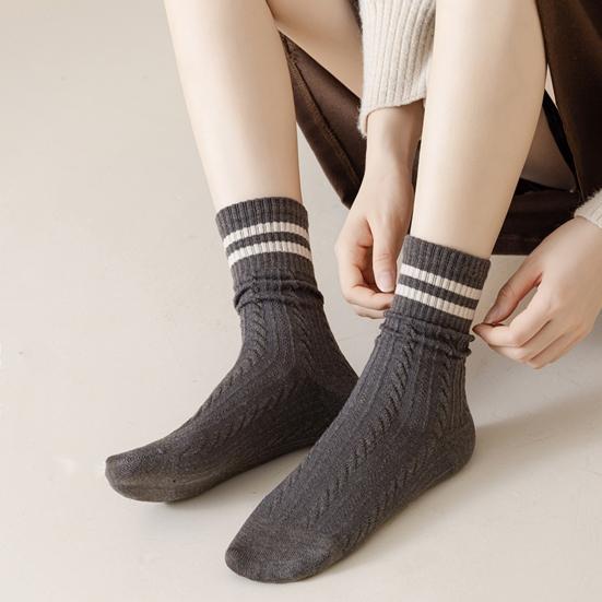 1 Pair Women Socks Ribbed Cuffs Twist Textures Sweat-absorbent Elastic Socks Autumn Winter Mid-tube Thick Warm Socks