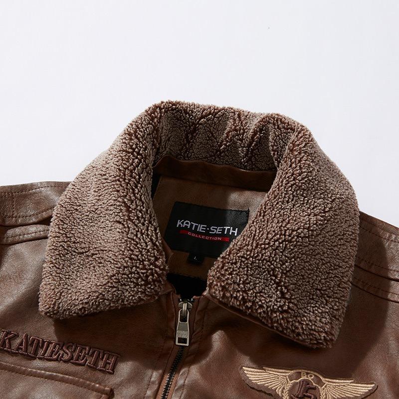 Men's Leather Jacket Men's Autumn and Winter Lapel Fleece Trend Motorcycle Leather Jacket Men's