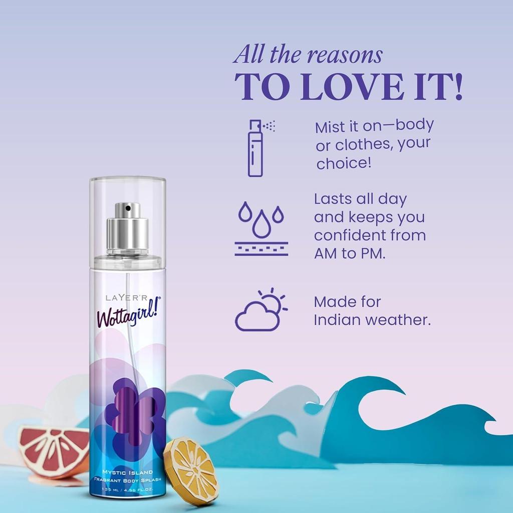 Layer’r Wottagirl Mystic Island Body Splash, 135 ml Premium Long-lasting Body Mist Spray for Women