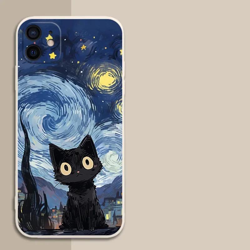 

Artistic Black Cat Starry Night Phone Case For iPhone 16 15 14 13 12 11 Pro Max 13Mini XS XR SE3 15 Plus Soft Shell Cover Funads iPhone 14Plus