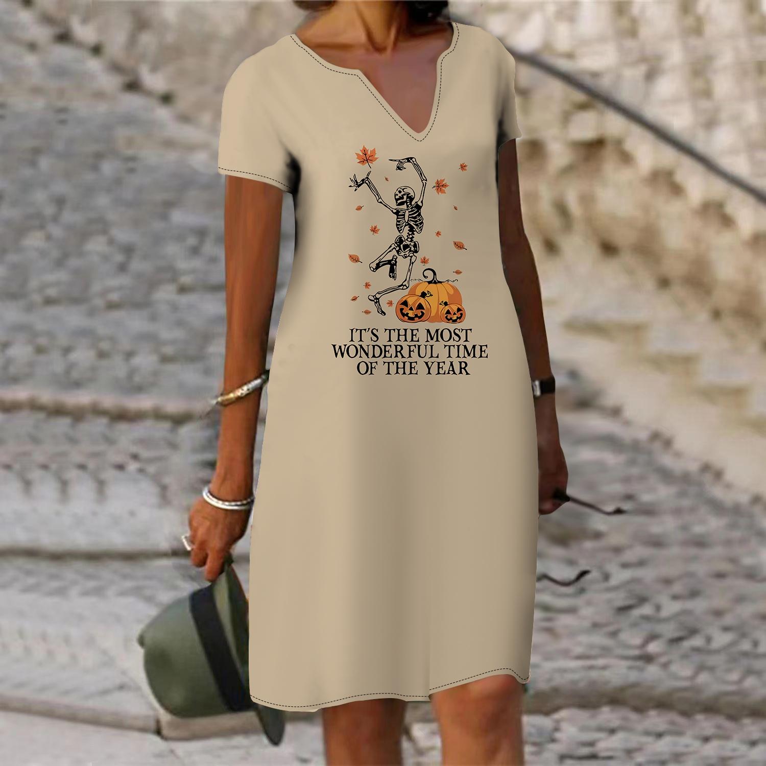 

Летнее модное платье с v-образным вырезом, женское милое платье с коротким рукавом и принтом призраков, свободное повседневное платье для женщин 3XL коричневый