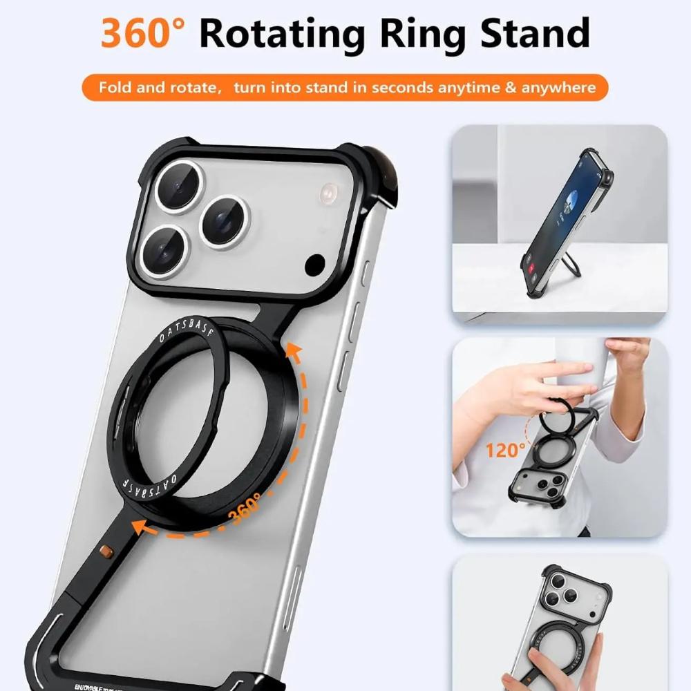 Minimalistisk Z Rammeløst Deksel For iPhone 17 Pro Max Air Rammeløs Metallringstativ 360 Roterbart Magnetisk Støtteben Beskyttende