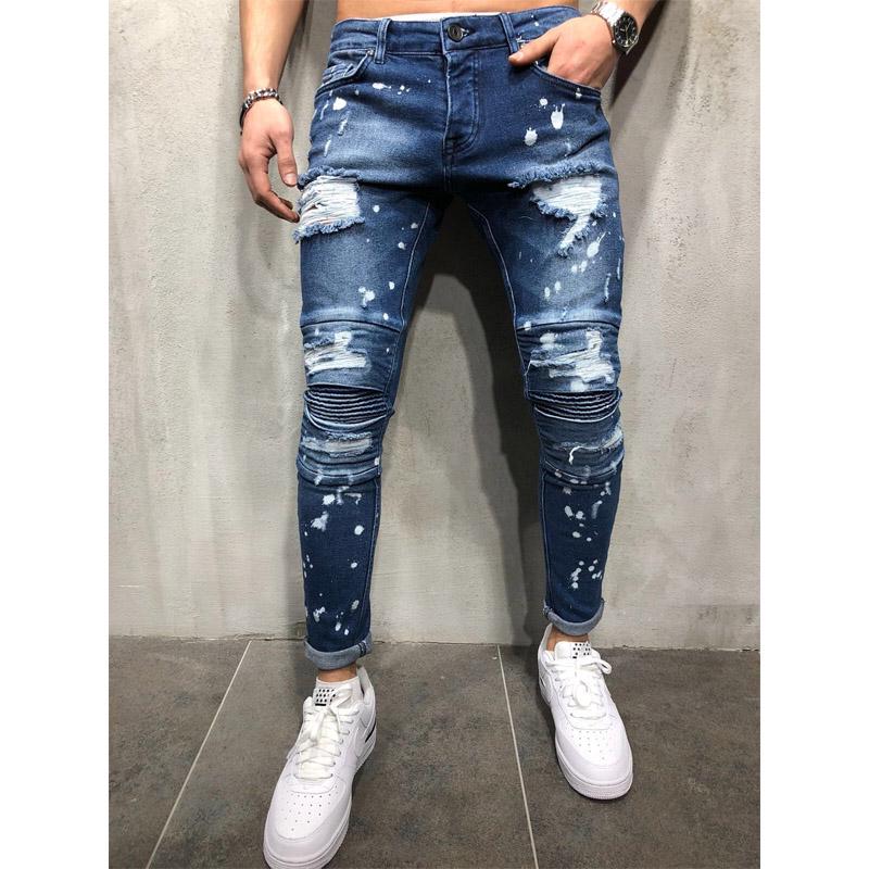Fashion Men Straight Denim Hole Pants Slim Casual Hip Hop Style Jeans