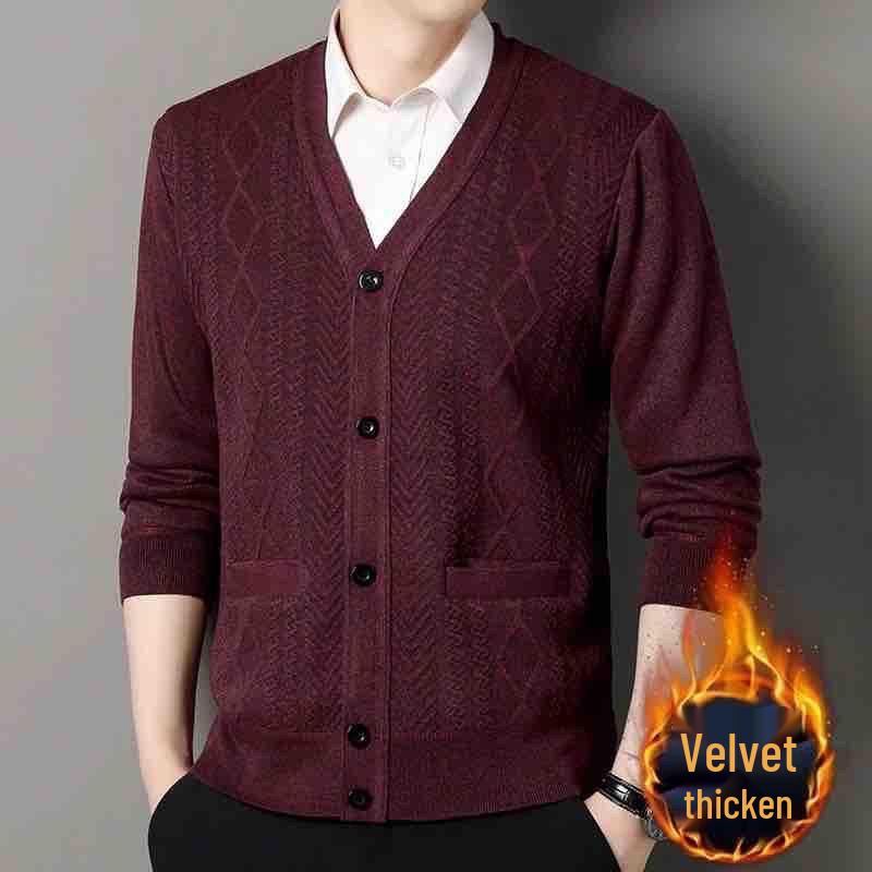 Men's V-Neck Thick Fleece Cardigan: Warm Knitwear for Dad and Grandpa