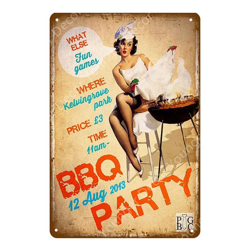 

BBQ Steak House Grill Party Vintage Poster Wall Decor For Bar Pub Kitchen Home Plate Barbecue Metal Signs Painting Plaque YJ187 20x30cm