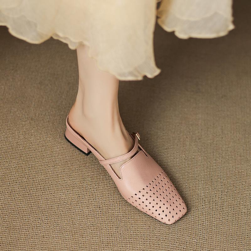 Mode 2025 Sommer Damen Schuhe Echtes Leder Eckige Zehenpartie Damen Sandalen Ausgehöhlt Atmungsaktive Sandalen für Damen Klobiger Absatz Pantoletten Schuhe