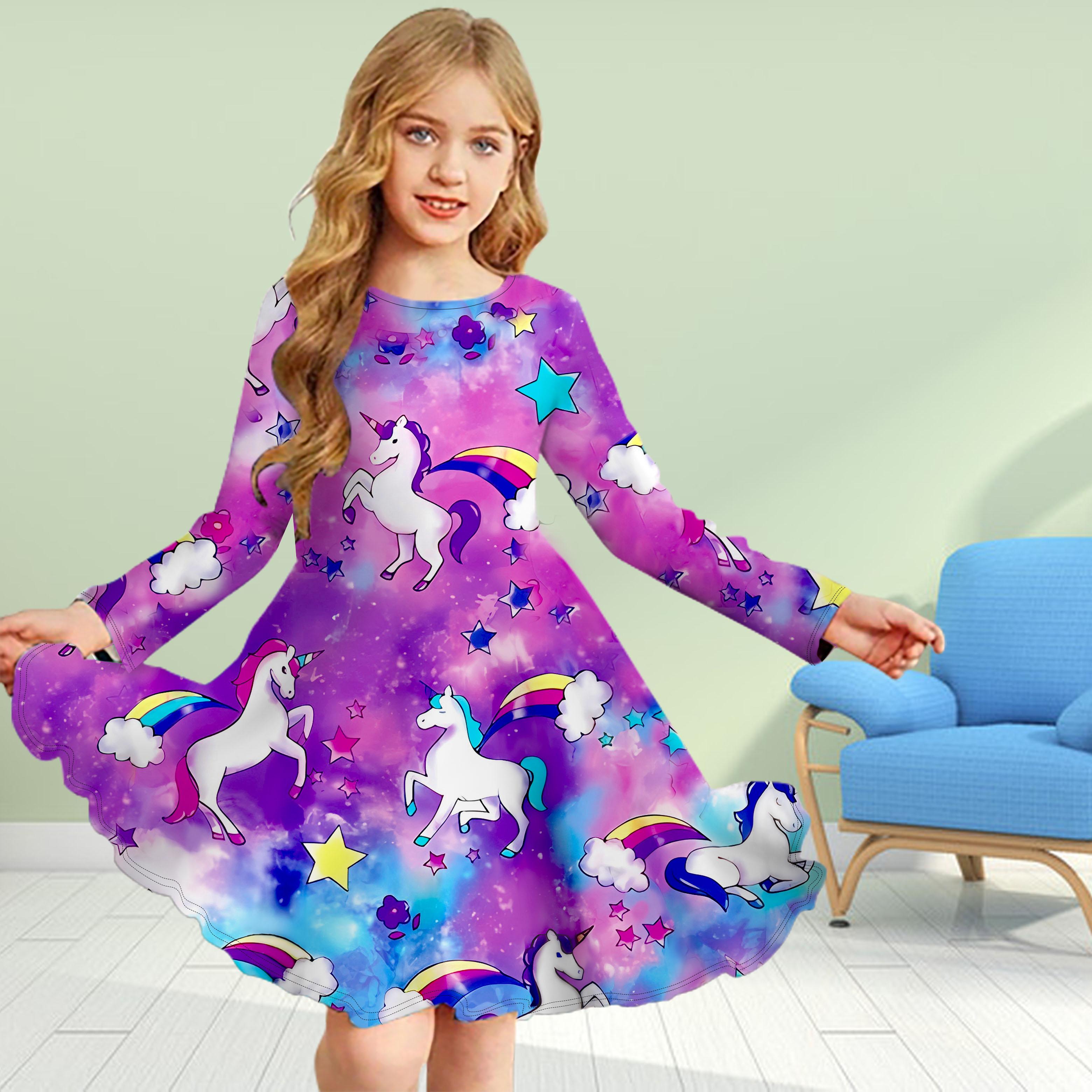 

Повседневное платье для девочек с 3D-принтом, фиолетовым единорогом, круглым вырезом и длинными рукавами, детское платье принцессы 130 розовый