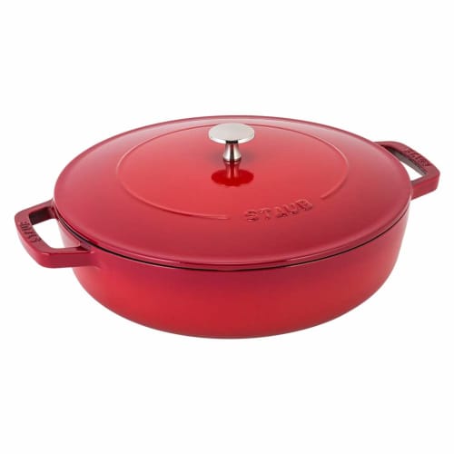 Staub Braiser Saut? Pan, 28cm, Cherry/Red, 12612806, Induction Compatible, Enamel, Double-Handled, Stylish, Insulated, Braiser with Chistera Drop - St