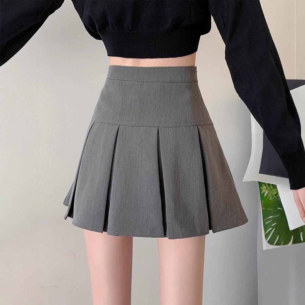 Women's Gray High-Waist Pleated A-line Skirt - Slimming, Petite, Spring/Autumn 2024