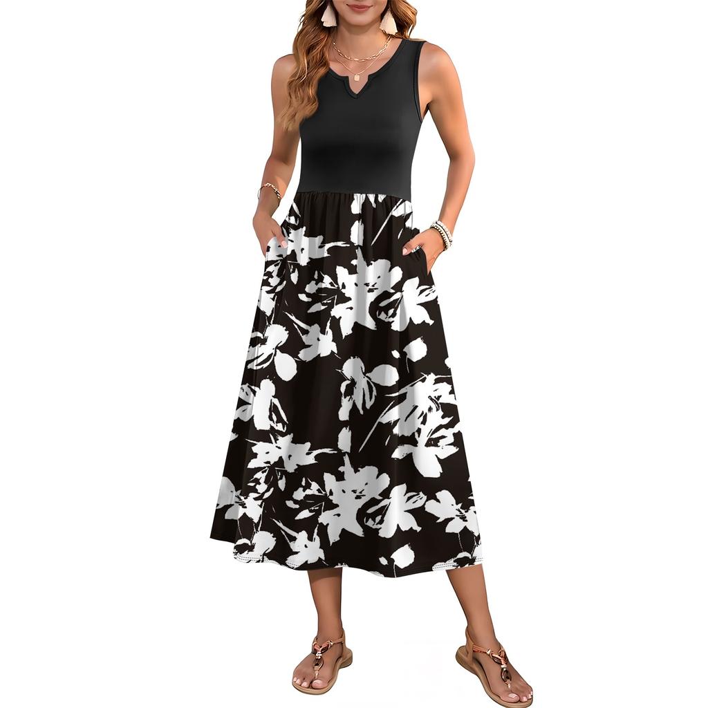Women's Floral Print High Waist Fashionable And Elegant Sleeveless Dress