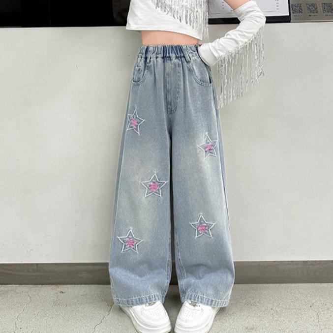 Girls' Pentagram Jeans Autumn Clothing Children's Korean Straight Leg Pants Spring and Autumn Pants