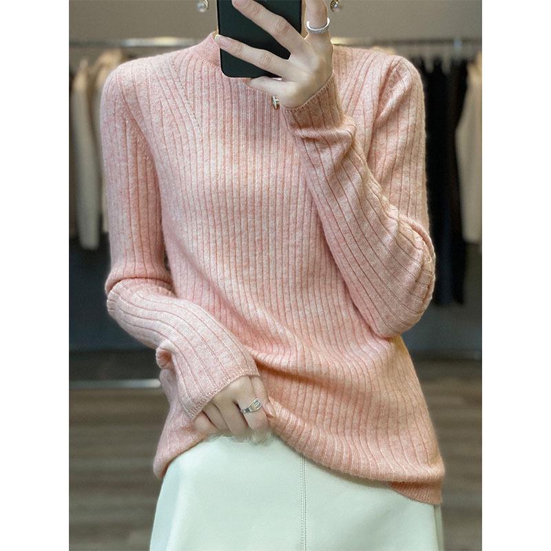 100% Cashmere Pure Wool Slimming Round Neck Knit Sweater - Women's Ribbed Slim Fit for Autumn/Winter