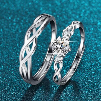 Minimalist Geometric Design Couples Wedding Ring Set With Cubic Zirconia Adjustable Open Band Women