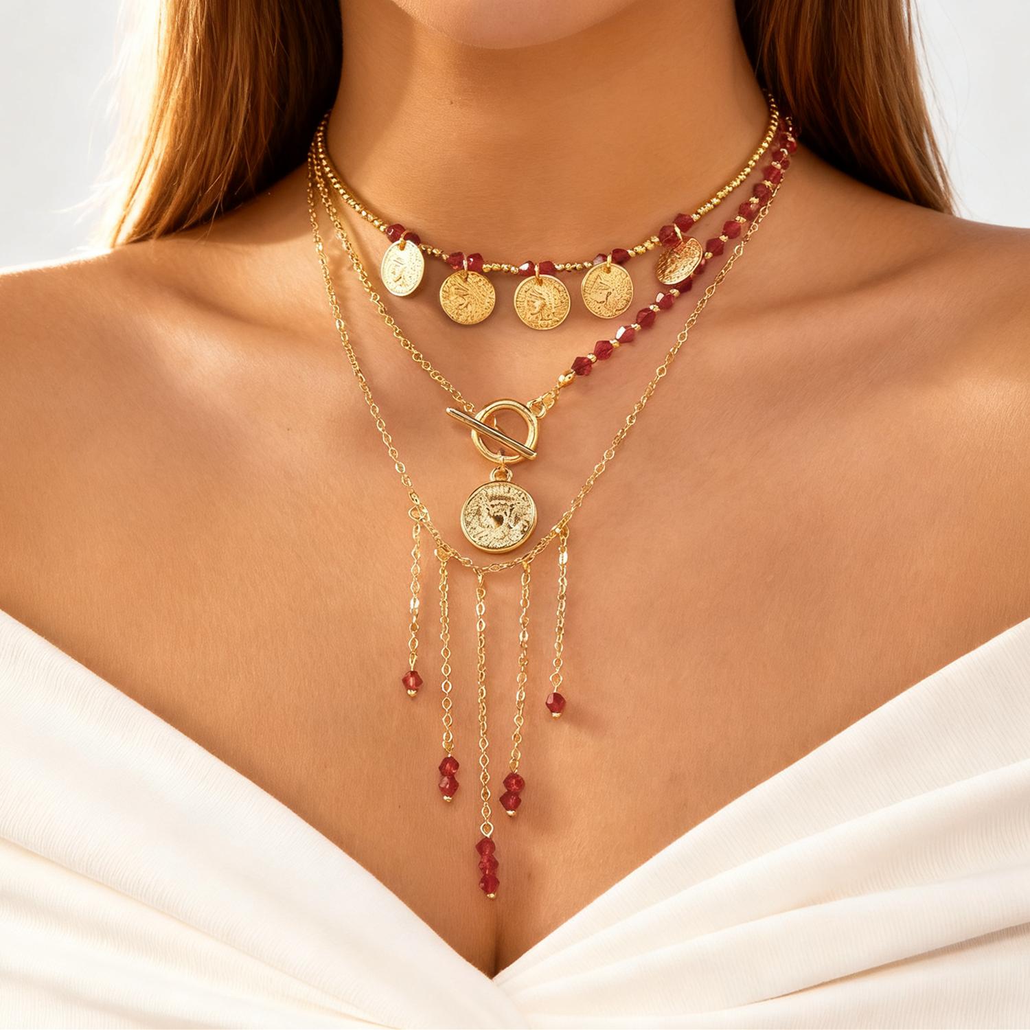 Bohemian Multilayer Handmade Beads Chain Necklaces For Women Red Crystal Beaded OT Buckle Metal Tassel Choker Girl Party Zircon