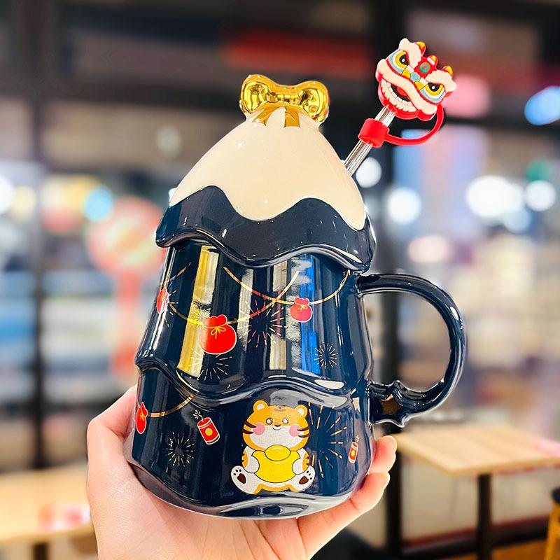 

New Year s Festive Gift Cup High Looking Mug with Lid Cute Large Capacity Girly Heart Ceramic Water Cup 500ml