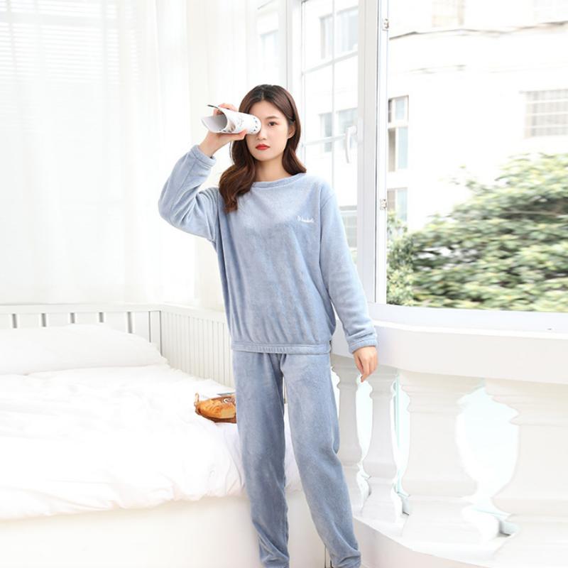 Thickened Coral Fleece Pajamas Women Korean Solid Classic Basic Winter Warm Clothing Casual Loose Homewear Chic