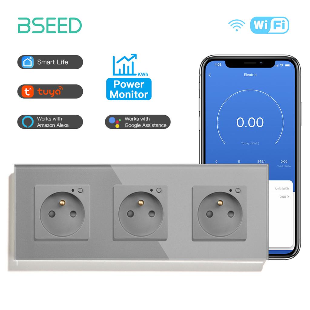 BSEED Single Wifi French Socket Double Power Monitor Wall Sockets Triple Smart Outlets Glass Frame Tuya Smart Life Control