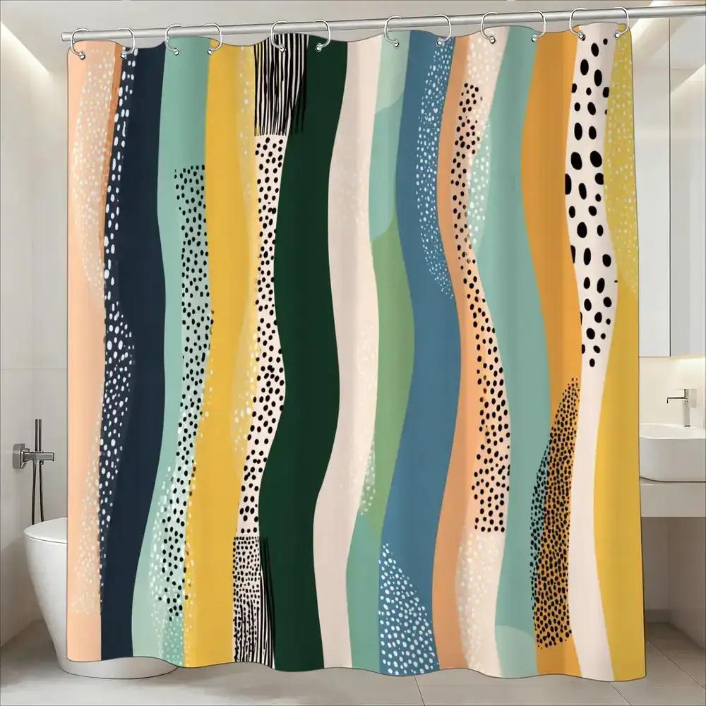 

Modern Abstract Wave Shower Curtain – Textured Multicolor Stripes, Polka & Leopard Print, 12 Hooks, Waterproof Bath Decor W60H190(CM)-1 Pcs