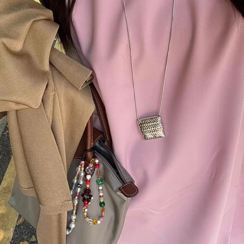 Medieval Woven Mini Bag Necklace with Long Sweater Chain Pendant