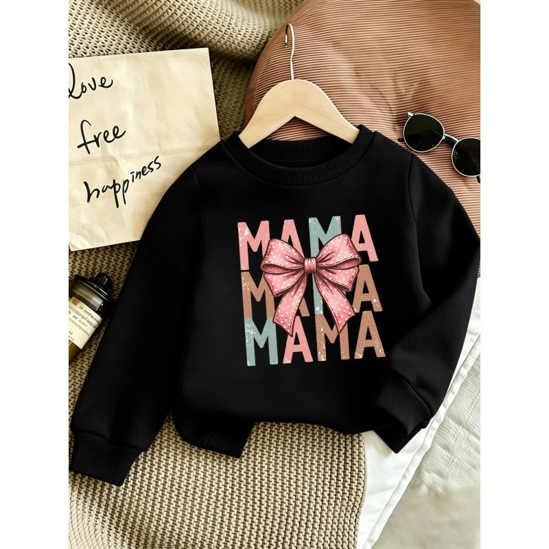 Kids Sweatshirt ,Cute Print Pattern ,Comfortable Spring Thin Round Neck Sweatshirt Bow Design Highlight,Casual Daily Sweatshirt