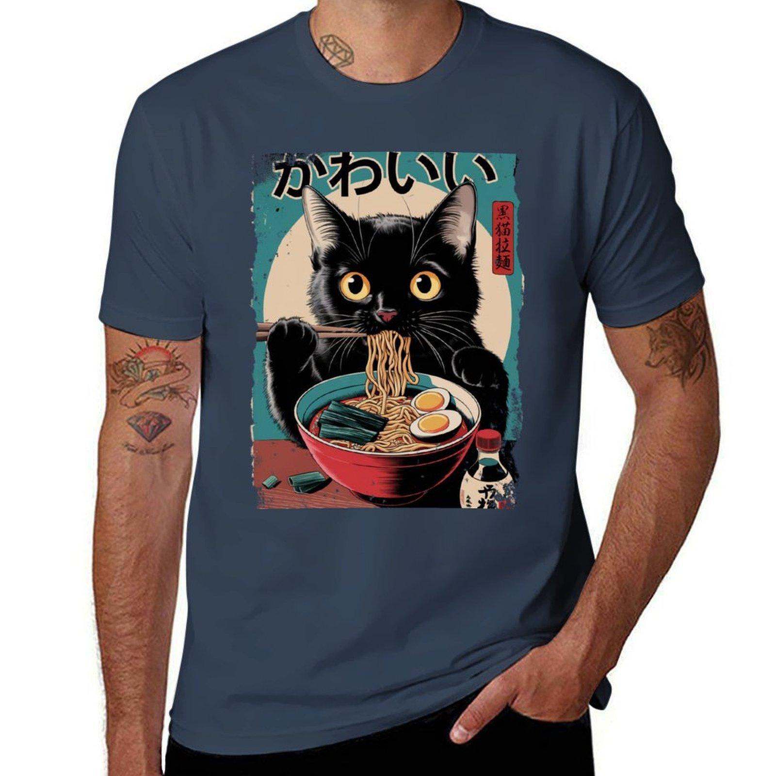 Kawaii Black Cat Eating Raunisex Cute Japanese Noodle Art Vintage Tshirt Casual Daily Wear Short Sleeve Top S