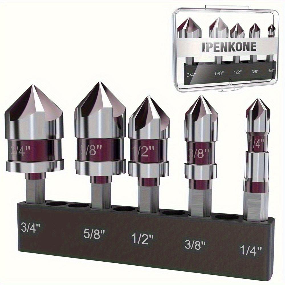 5Pcs Countersink Drill Bit Set M35 5 Flute Countersunk Drill Bit HSS 82-Degree Hex Shank 1/4'' To 3/4'' For Wood Metal