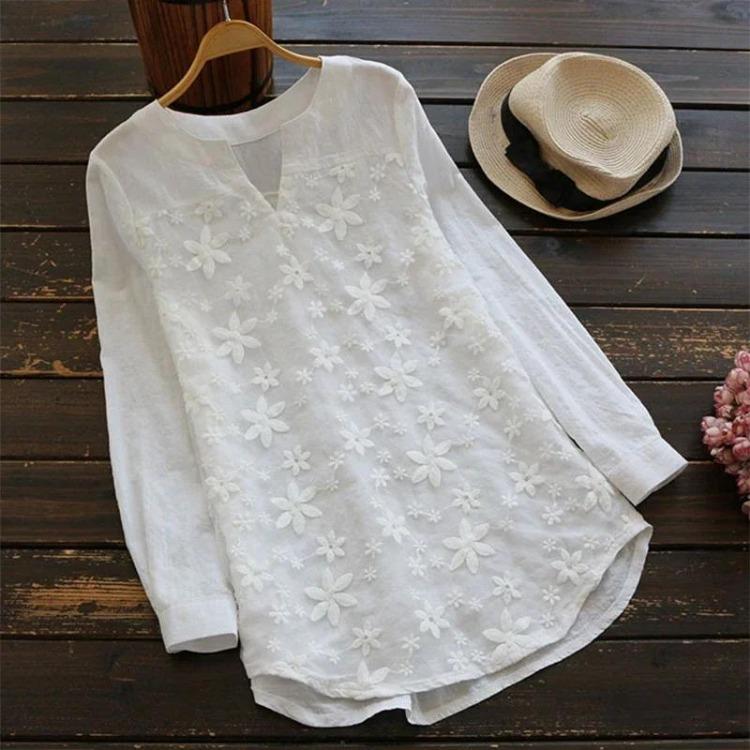

Elegant White Loose Casual Women Blouse Plus Size Fashion Embroidery Lace Long Sleeve V Neck Tops S белый