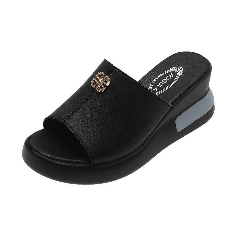 Leather slippers women's fashion 2025 summer new high-heeled cool slippers women's thick bottom wedge heel one-word sandals