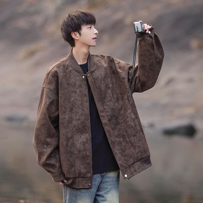 American Leather Baseball Jacket Men's Spring and Autumn New Trendy Handsome Workwear for Men