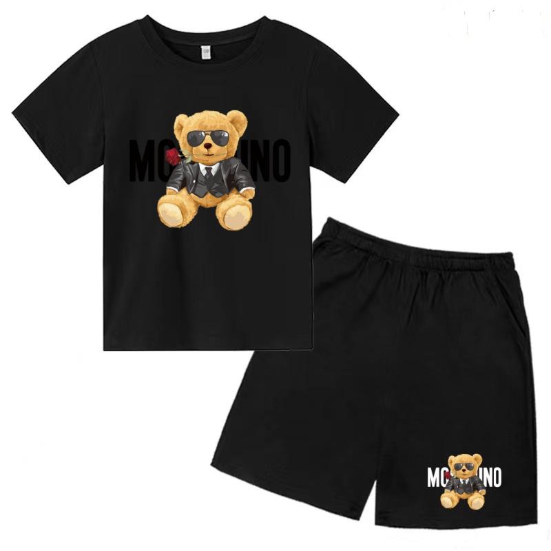 Children Summer Charming Rose Letter Bear Print T-shirt+Shorts Set Boys Girls Casual Toddler Sports First Choice Clothes