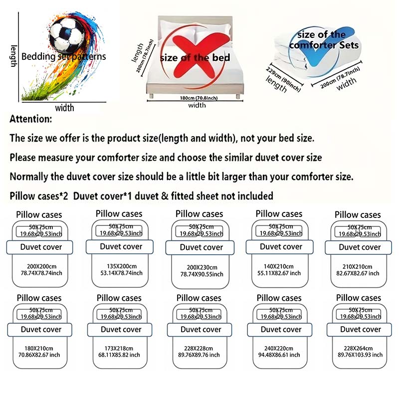 Artistic Soccer With Color Splash Print Bedding Set 1 Duvet Cover 2 Pillowcases For Adult And Children Luxury Gift Full Size