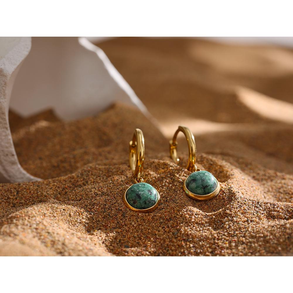 Yhpup Stainless Steel Green Natural Stone Hoop Earrings New Golden Metal Geometric Charm Jewelry Joyería Acero Inoxidable Mujer