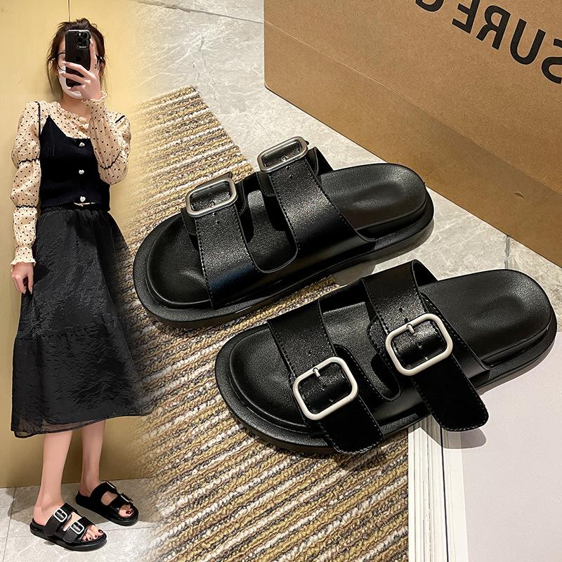 Modische Outdoor-Sandalen mit dicker Sohle für Damen im Frühling, neue lässige Slip-On-Zehensandalen mit Gürtelschnalle