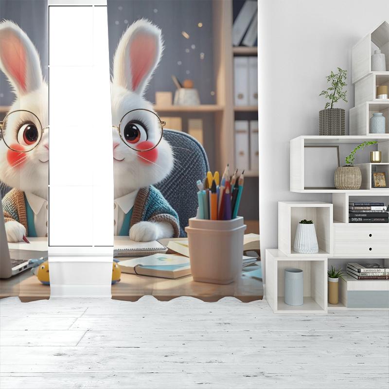 2pcs - Working Rabbit - Printed curtain, polyester semi-transparent - suitable for home decor (excluding poles)
