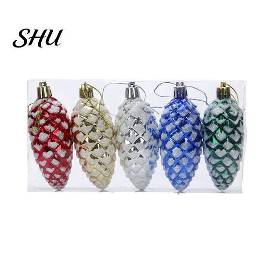 Pine Cone Hanging Ornament 5Pcs Christmas Plastic Colorful Shiny Glitter Pendant for Holiday Party Classic Shape Scene Layout Tree Decoration