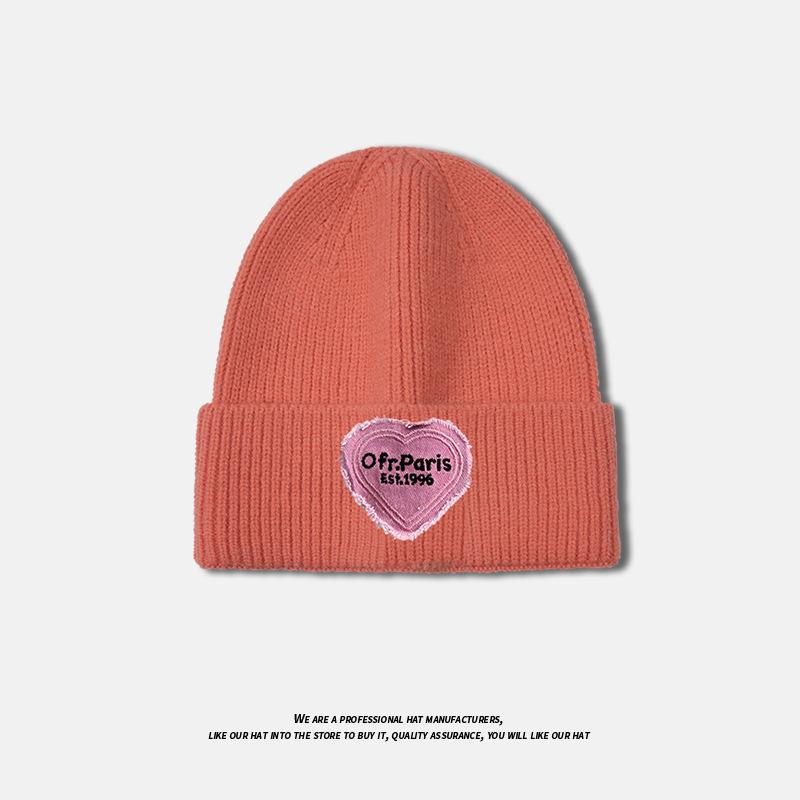 Love Patch Knitted Hat for Women In Autumn and Winter Versatile Fashionable Woolen Hat Large Head Circumference Warm Pullover Cold Hat