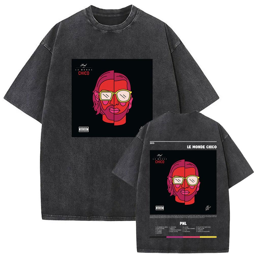 Washed Vintage Rap Band PNL Tour  Tshirts Famous Le Monde Chico Album Tshirt Men Women Hip Hop Fashion Oversized T Shirts