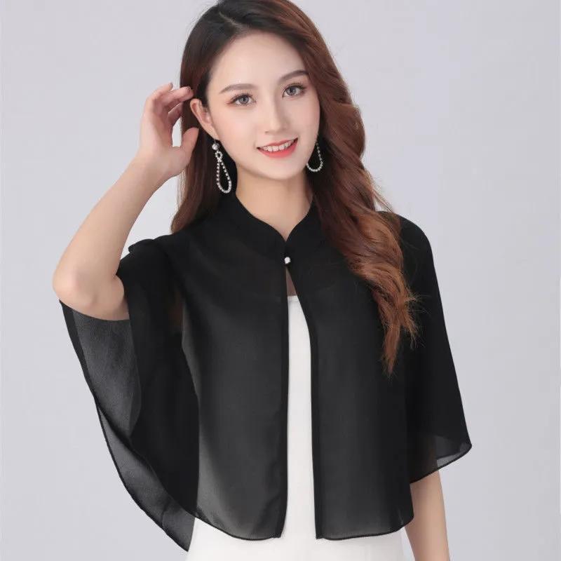 Women'S Summer Cloak Chiffon Scarf Waistcoat Loose Sunscreen Shawl Cheongsam Dress Button Blouse Shoulder Fake Collar Cape T90